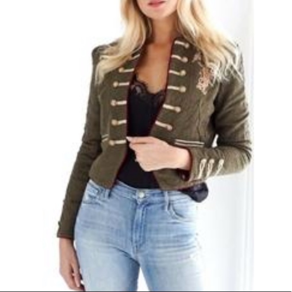 Free People Moss Green Lauren Band Embroidered Military Jacket Size Small